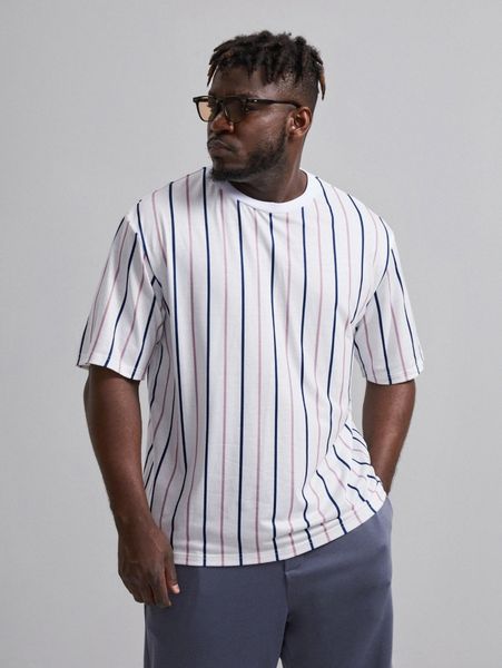 

extended sizes men round neck striped tee 98iw#, White;black