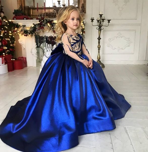 2021 Spitze Königsblau Blumenmädchenkleider Ballkleid Lange Ärmel Satin Lilttle Kindergeburtstag Pageant Hochzeitskleider ZJ003