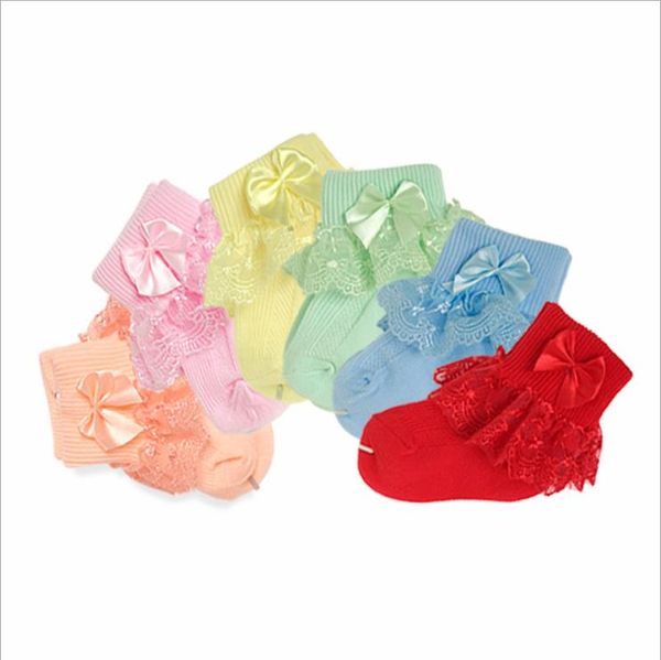 Calzini per bambina Calzini per bambini in pizzo Calzini per principessa con fiocco Color caramelle Girello Calzature per neonati 7 colori DW4585