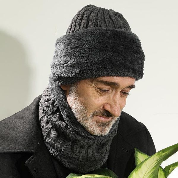

hats, scarves & gloves sets elderly winter plus velvet thick grandpa hat wool knitted father ear protection windproof scarf suit, Blue;gray