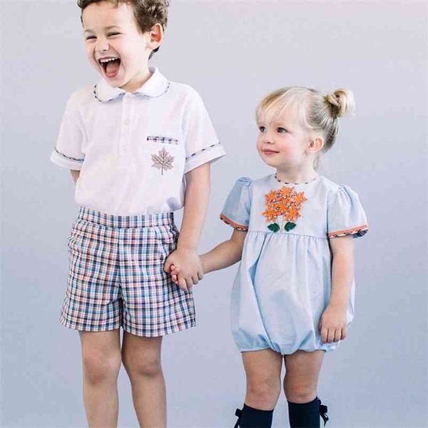 Bebê espanhol macacão para meninas verão crianças boutique vestuário nascido bordado jumpsuit irmão irmã combinando roupas conjunto 210615