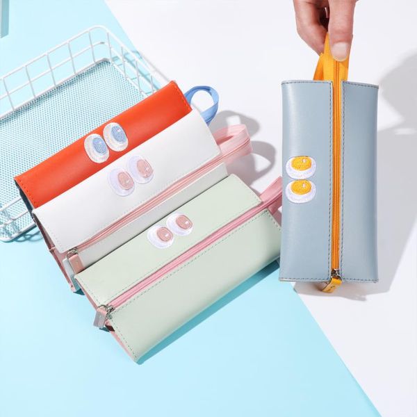 

large capacity folding leather pencil case with zipper pen storage bag cosmetic stationery organizer coin purse handbags bags