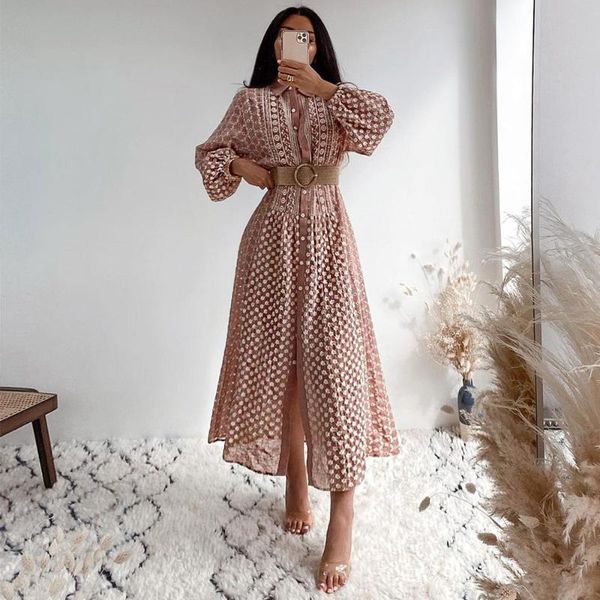 

casual dresses spring autumn 2021 fashion women floral embroidery midi dress long balloon sleeve turn down collar button up loose shirt, Black;gray