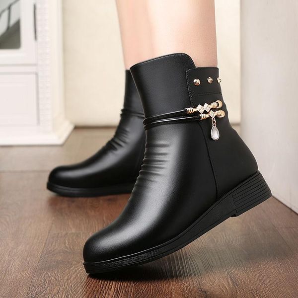 

boots women short autumn winter mother cotton soft-soled plus velvet leather keep warm middle-aged elderly shoes 3cm, Black