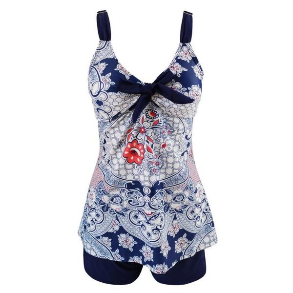 

one-piece suits 2021 women tankini set navy blue floral two pieces swimwear polyester retro printed bathing big xl xxl bikini