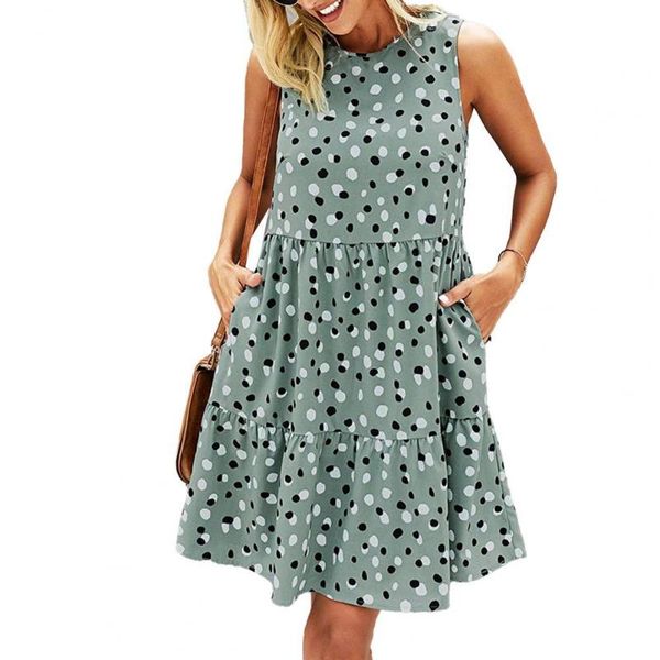 

casual dresses summer women sundress o neck dots print sleeveless large hem loose knee-length dress streetwear women's clothing, Black;gray