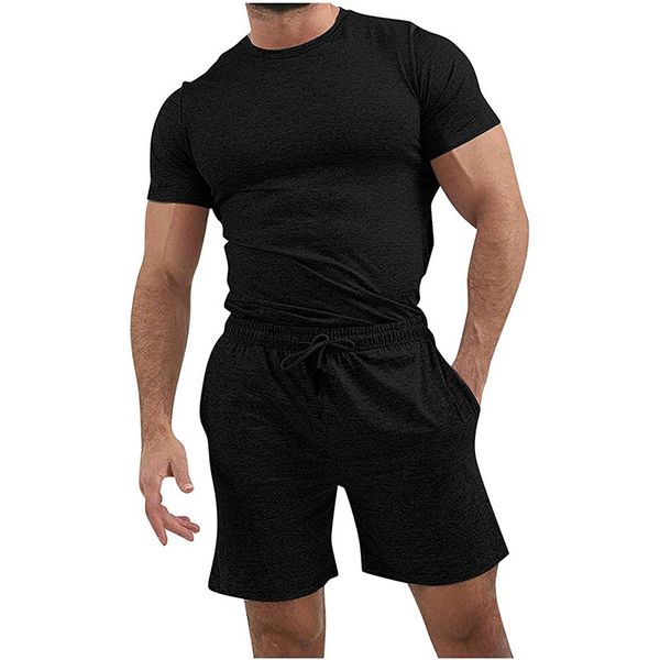 

Tracksuits Fashion Movement Summer Blank Men' Cotton Short Sleeve Smooth T-shirt Shorts Leisure Sports Suit, Black