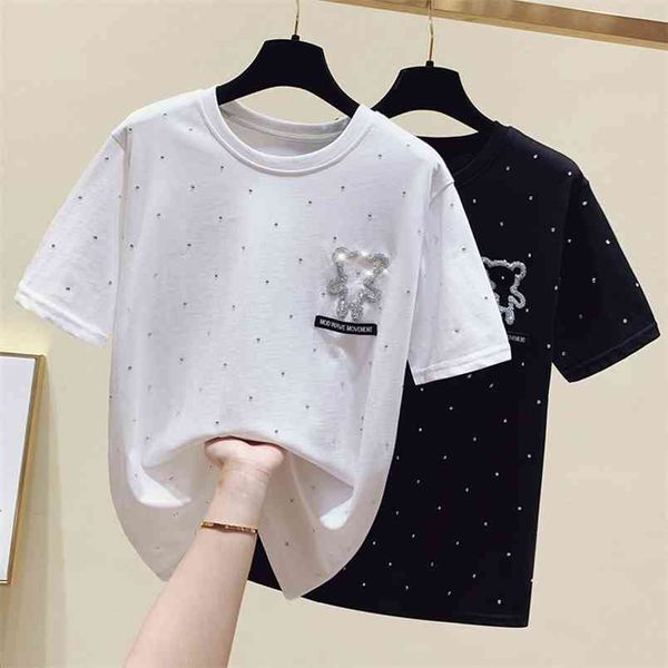 Wwenn estate Black Beaded Polka Dot T Shirt Donne Tops Allentato Casual Tshirt Bianco Manica Corta Plus Size Tee Shirt Femme 210507