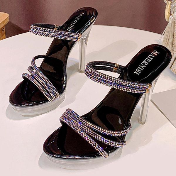 

silver crystal woman sandals high heels gladiator wedding party women slippers, Black