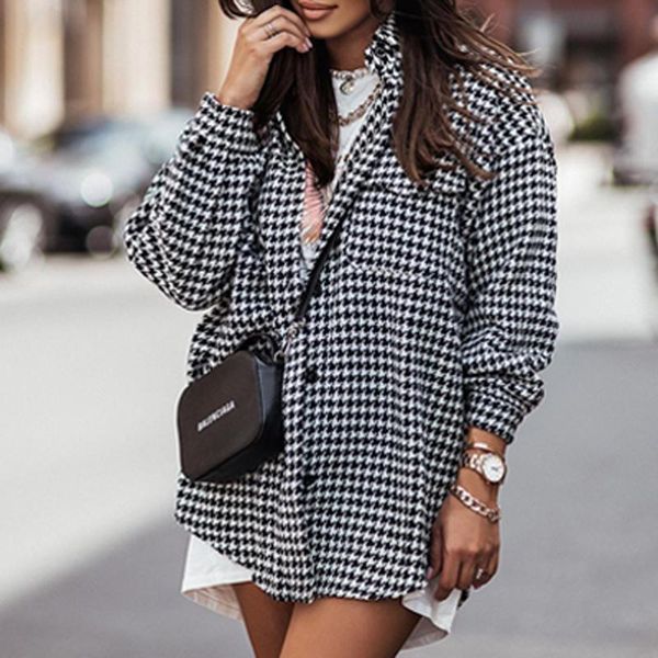 

women's jackets spring long sleeve coat outerwear2021 autumn houndstooth printed jacket cardigan women elegant turn-down collar button, Black;brown