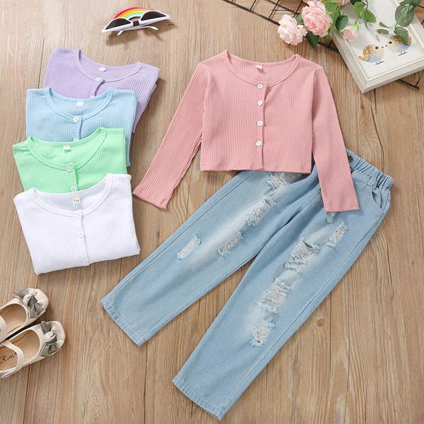 

kids clothing sets girls outfits baby clothes children wear spring autumn long sleeve hole denim trousers jeans 2pcs b7618, White