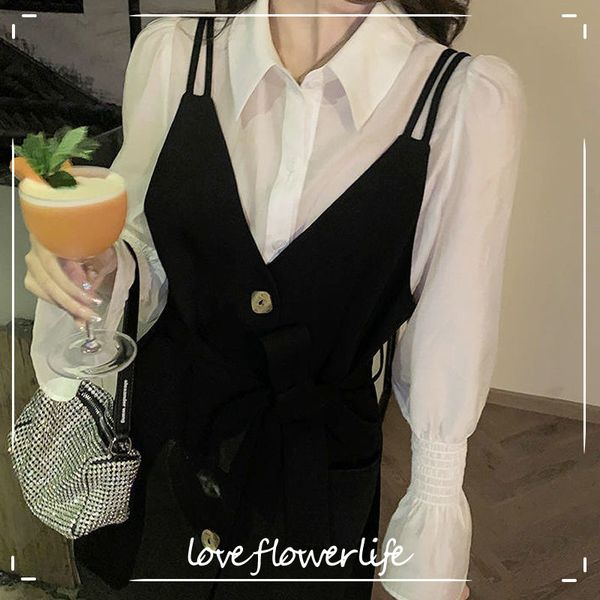 

dess korean vintage elegant dress women long sleeve slim shirt dress office lady bandage design summer chic 210521, Black;gray