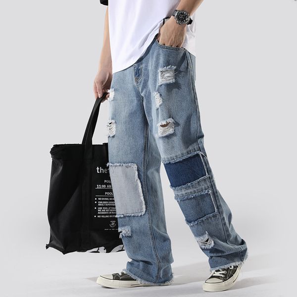 

men's jeans fashion ripped loose straight distressed patch hip hop frayed trousers streetwear men patchwork k3r1, Blue