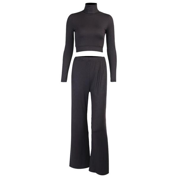 

women's two piece pants 2021 autumn casual elegant turtleneck minimalist classic outfit female wide leg pant set and crop women black, White
