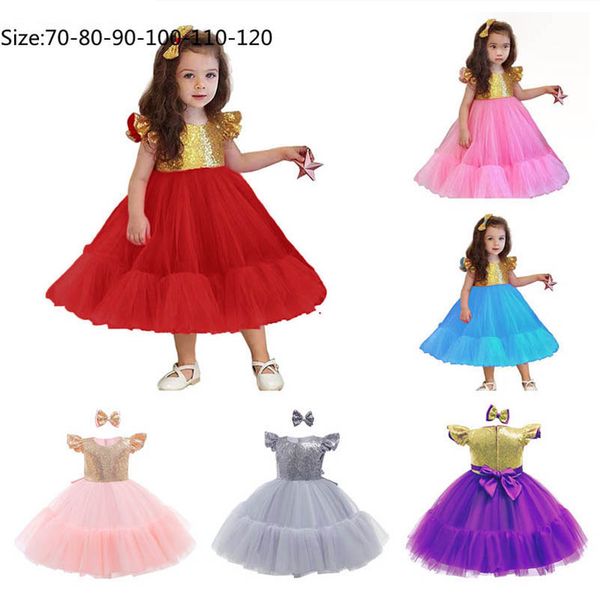 

girls dresses kids clothes lace tutu sequin princess christmas birthday party bows hair clip long clothing ball gown 2pcs b9147, Red;yellow