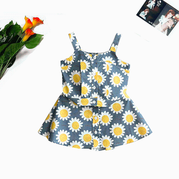 

clothing sets 2021summer cute girls suit lovely child sunflower sleeveless sling vest a-line skirt 2pcs outfits 2-6y kids costume, White