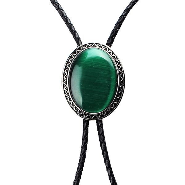 

vintage natural green opal enamel western cowboy rodeo bolo leather necktie necklace 210721, Silver