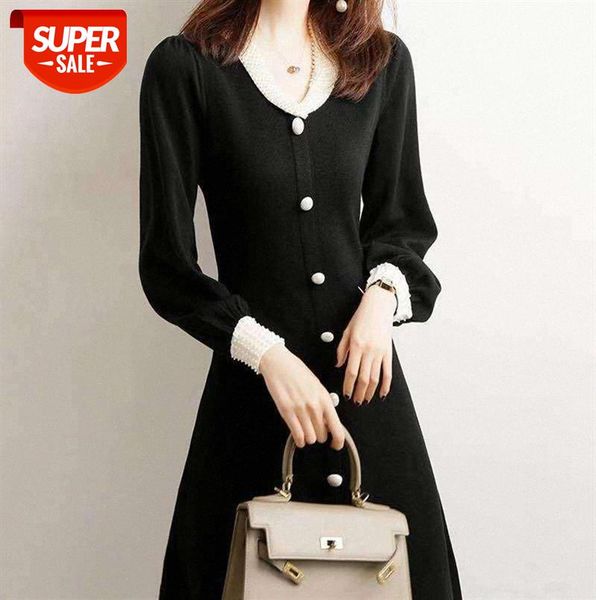 

black knitted dress women's temperament is thin and small, retro hepburn style pearl niche small #vh4v, Black;gray