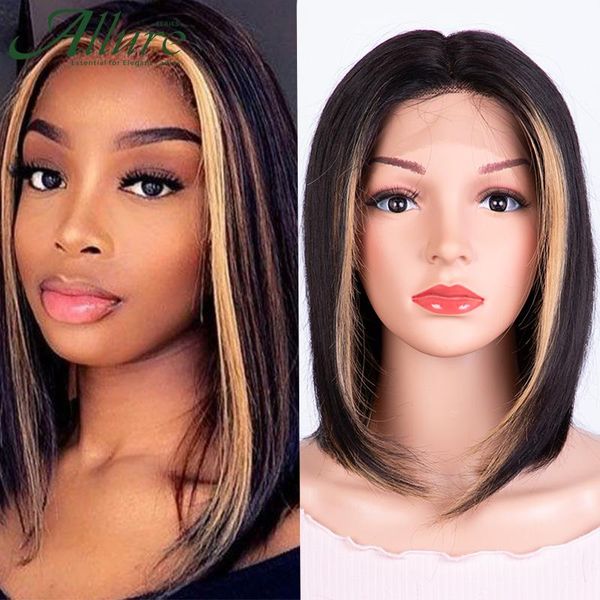 

lace wigs straight highlights bob wig part front human hair for black women brazilian natural colored ombre allure, Black;brown