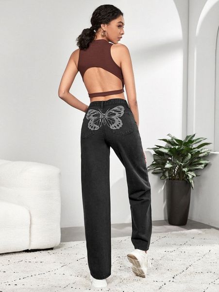 

tall high waist butterfly print jeans t9fl#, Blue