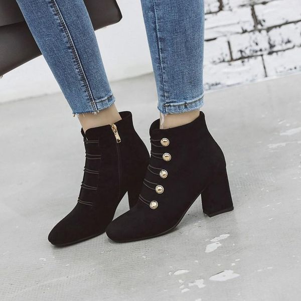 

boots 2021 autumn winter women's korean high heels round head suede thick heel zipper large solid color low barrel short, Black