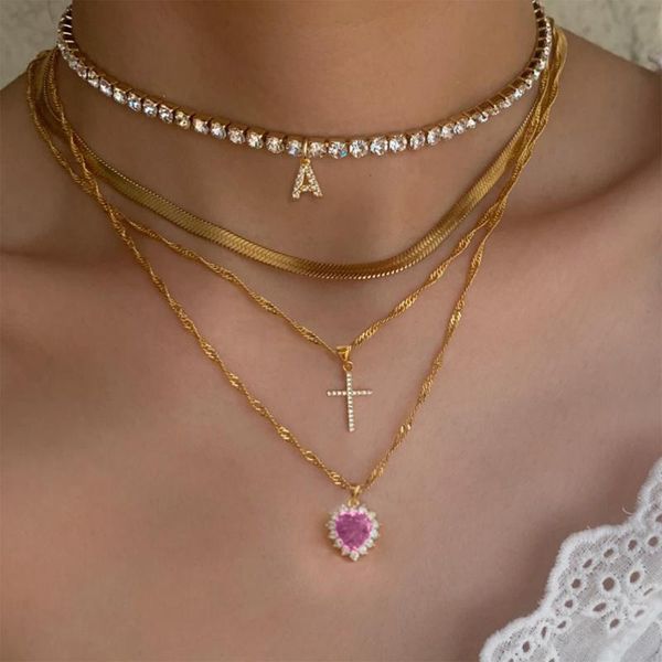

multilayer crystal heart cross charms necklaces for women punk golden shining letter tennis chain choker female clavicle jewelry pendant, Silver