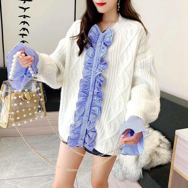 

women's sweaters 2021 korean fashion women sweater and pullovers patchwork ruffles knit jumper oversize jumpers twistted pull femme, White;black