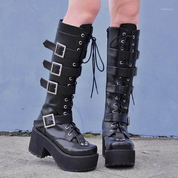 

boots japanese harajuku punk gothic cosplay thick platform buckle straps lace up high1, Black