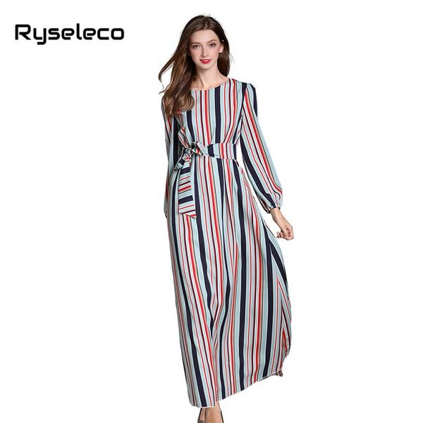 

casual dresses women long maxi slim elegant 2021 autumn colorful vertical striped sleeve bohemian slash ties flare vestidos, Black;gray