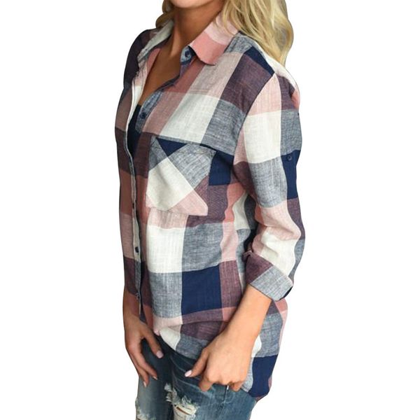 

womens plaid plus size clothes turn down collar long sleeve woman shirts streetwear women and blouses, White