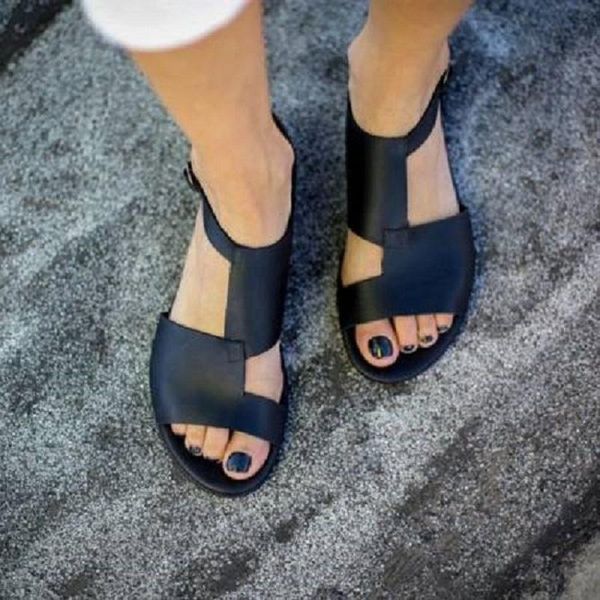 

sandals summer women beach pu leather black flat casual shoes open toe buckle strap platform ladies gladiator