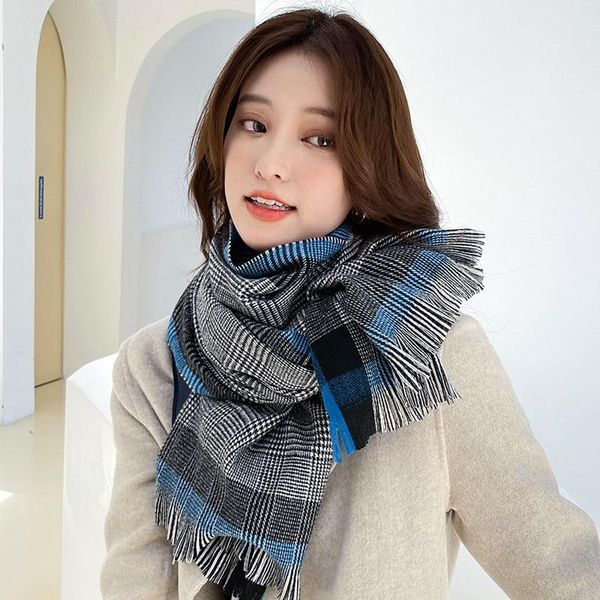 

scarves 2021 winter warm japanese tassel designer women shawl scarf all match plaid two-sided thicken 6 colors, Blue;gray