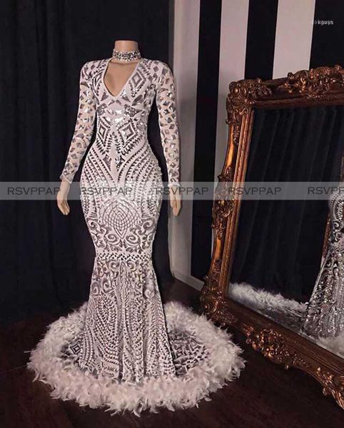 

stunning long sleeve v-neck mermaid silver sequin feather african black girls prom dresses 2021 for women1, White;black