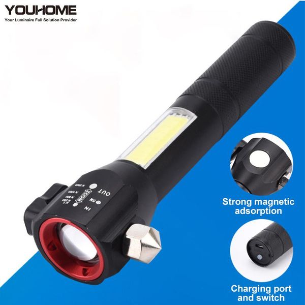 

multi-function l2 cob zoomable handlamp usb rechargeable waterproof escape tool for car warning lights flashlights t torches