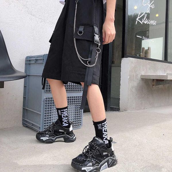 

women's shorts women side-pocket solid chain elastic waist loose plus size 4xl summer bf harajuku chic streetwear hip hop ulzzang trend, White;black