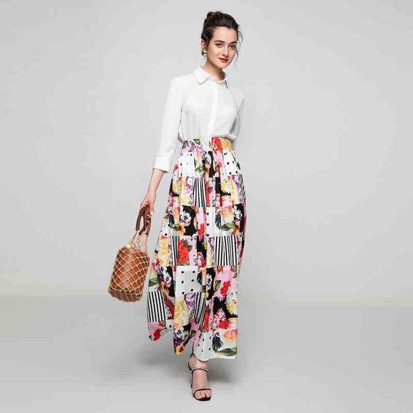 

outmoded summer high-quality women flower impression elegant vintage chic holiday party long skirt, Black