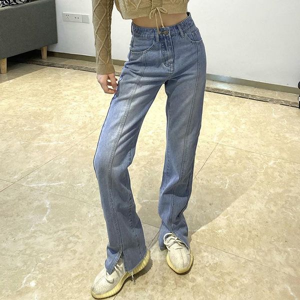 

women's jeans 2021 fall winter style high waist fashion split vintage striped women blue zipper pants female korean solid trouser