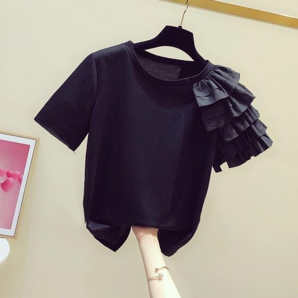 

summer wear flounced short sleeve womens t shirt round collar ladys white tee