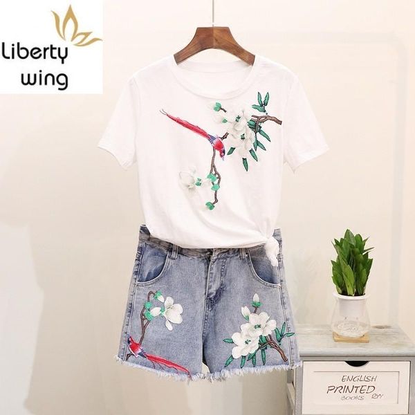 

two piece dress summer womens suits korean fashion sweet embroidery floral short sleeve casual mid waist vintage shorts sets woman, White