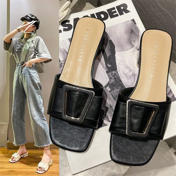 

womens shoes summer new style thick heel square buckle versatile casual mid-heel net infrared wear fashionable slippers1, Black