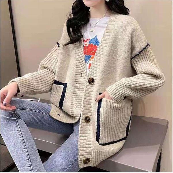 

women's knits & tees autumn winter knitted women cardigan pockets 2021 loose sweater patchwork v-neck casual outerwear oversized cardig, White