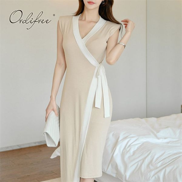 

autumn summer women knitted dress sleeveless belted office lady midi 210513, Black;gray