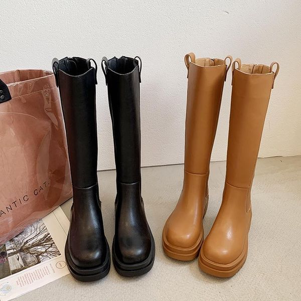 

boots flat platform brand women's shoes zipper round toe thigh high heels boots-women clogs fashion med rock over, Black