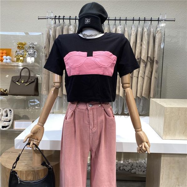 

women's t-shirt niche design 2021 splicing collision color chest short sleeve t - shirt loose hookup eye catching top, White