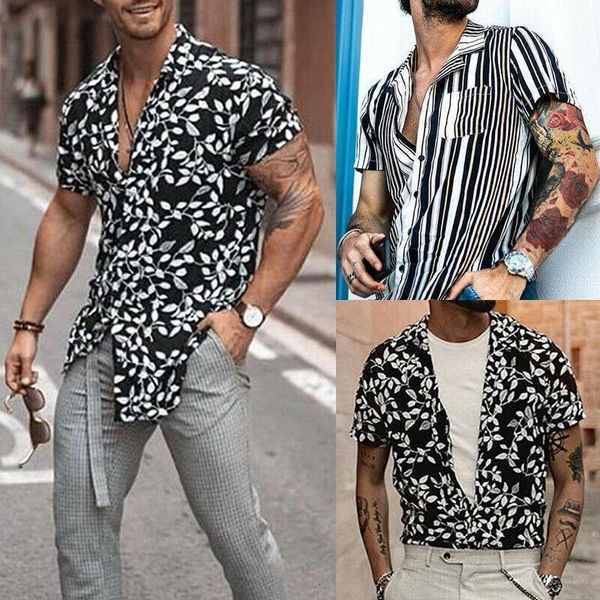 

men's casual shirts floral print striped button down slim fit shirt fashion summer dress short sleeve blouse sleo, White;black