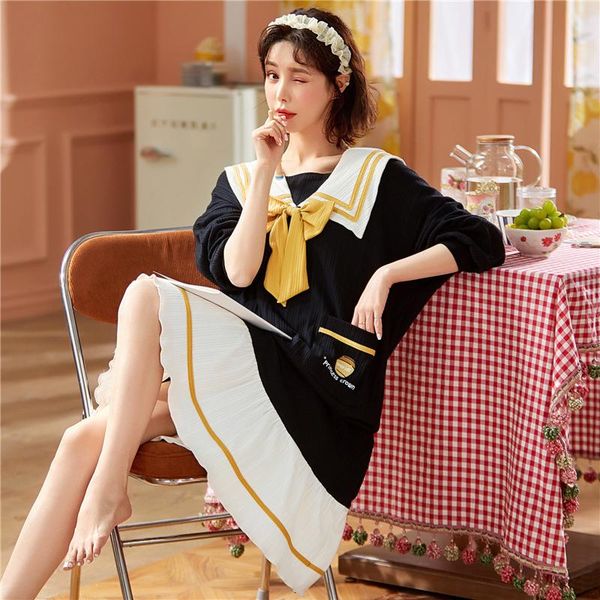 

women's sleepwear young girl cotton nightdress home princess style knee-length spring long sleeve women dress slash neck nightshirt, Black;red
