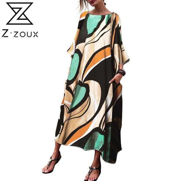 

women dress flare sleeve printing casual dresses plus size long loose vintage summer clothes 210524, Black;gray