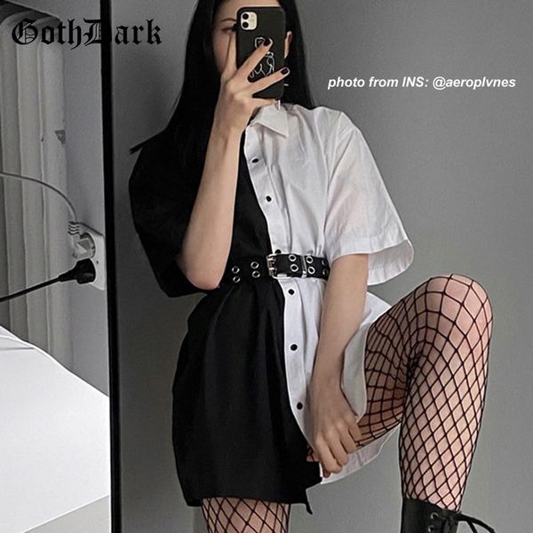 

2021goth dark loose high waist mini dress patchwork summer fashion gothic women dress turn-down collar casual party dresses 2021 90s, Black;gray