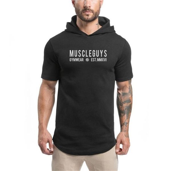 

new summer bodybuilding t-shirt hooded men gyms sweatshirts short sleeve tshirt cotton sportwear fitness muscle tee shirt 210421, White;black