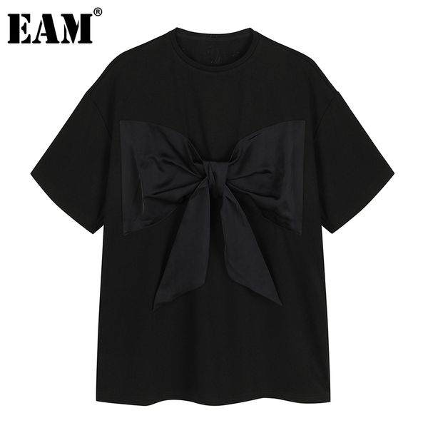 [Eam] Mulheres Preto Big Size Bow Casual Fit Fit T-shirt Redondo Pescoço De Manga Curta Moda Primavera Verão 1d7279 210512